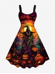 Plus Size Halloween Pumpkin Lantern Moon Tree Print Tank Dress -  
