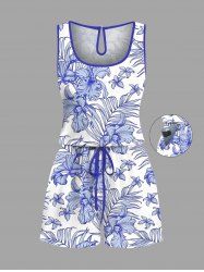 Plus Size Flowers Leaf Tropical Print Cinched Hawaii Romper -  