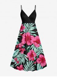 Plus Size Hibiscus Flowers Tropical Leaf Print Surplice Hawaii Cami Dress -  