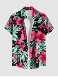 Chemise hawaïenne grande taille à imprimé feuilles tropicales et fleurs d'hibiscus, avec poches et boutons, pour homme - Noir 5XL