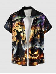 Plus Size Halloween Pumpkin Bat Wizard Skulls Candles Print Buttons Pocket Shirt For Men -  
