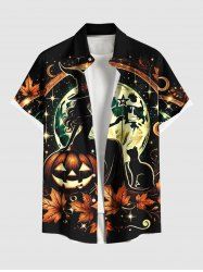 Plus Size Halloween Pumpkin Wizard Cat Maple Leaf Moon Print Buttons Pocket Shirt For Men -  