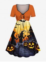 Plus Size Halloween Moon Pumpkin Bat Print Cinched Dress -  