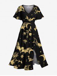 Plus Size Bat Branch Galaxy Print Halloween Split Pocket A Line Midi Dress -  