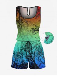 Plus Size Tree Branch Ombre Print Hawaii Drawstring Pocket Romper -  