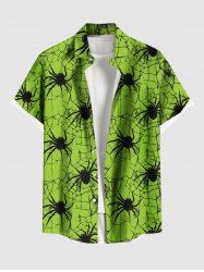 Plus Size Spider Web Insect Print Halloween Button Pocket Shirt For Men -  