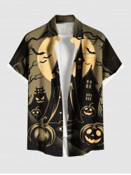 Plus Size Pumpkin Skull Castle Bat Tree Moon Print Halloween Button Pocket Shirt For Men -  