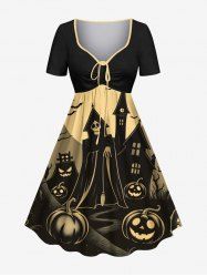 Plus Size Pumpkin Skull Castle Bat Tree Moon Print Halloween Cinched A Line Dress -  