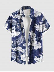 Plus Size Tropical Leaf Hibiscus Flower Print Hawaii Button Pocket Shirt For Men -  