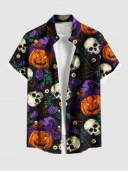 Chemise grande taille à imprimé tête de mort, citrouille, fleur, feuille, branche, Halloween, boutonnée, poche, pour homme - Noir 5XL