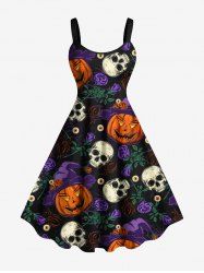 Plus Size Skull Pumpkin Flower Leaf Branch Print Halloween A Line Tank Dress -  