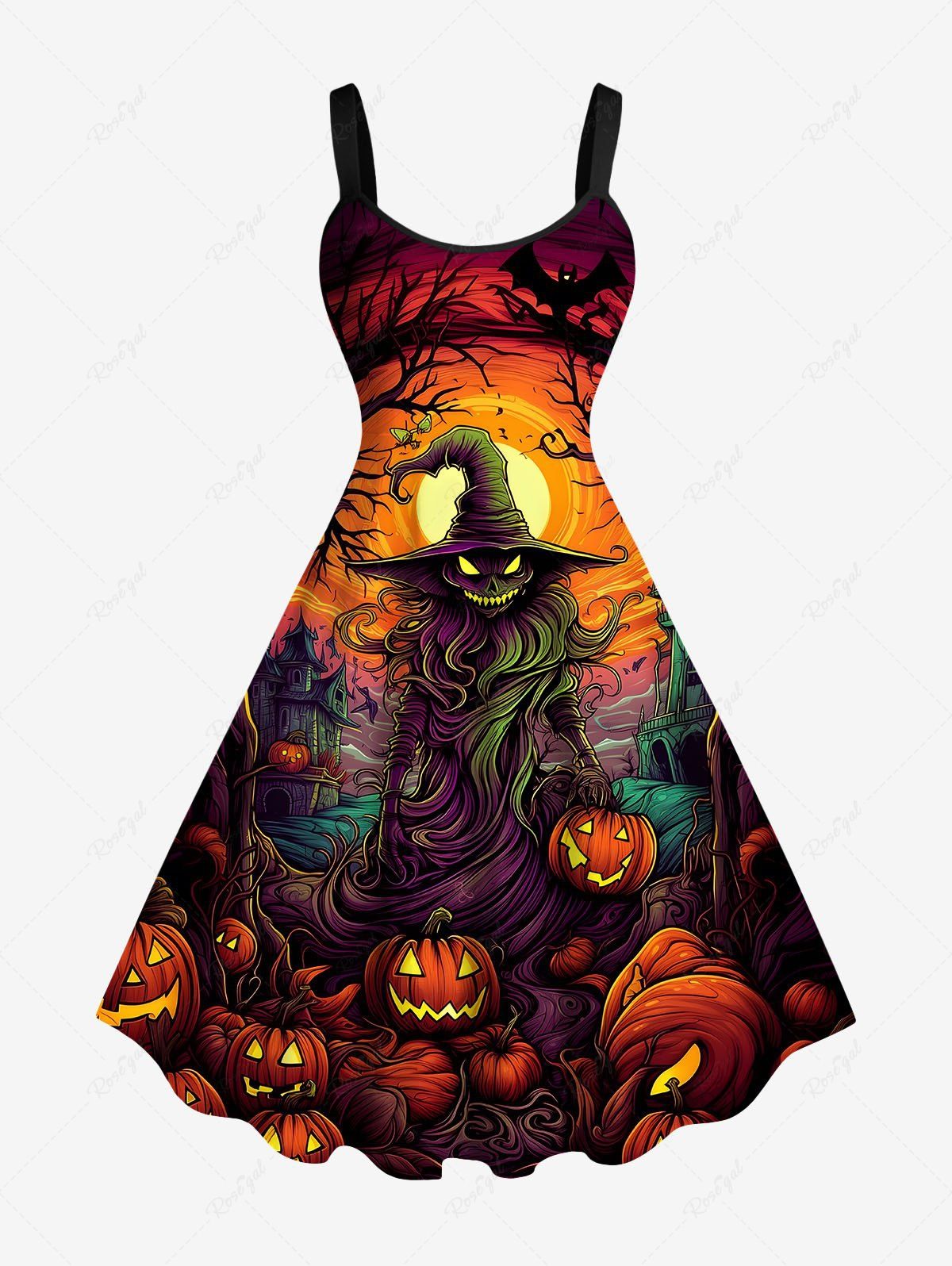 Outfits Plus Size Halloween Pumpkin Lantern Moon Tree Print Tank Dress  