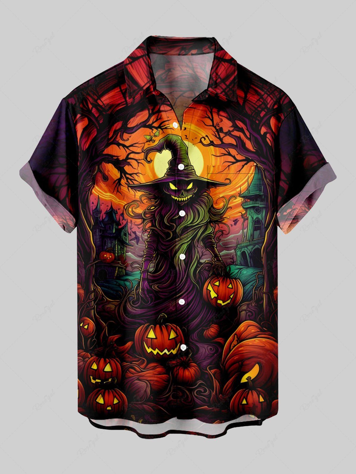 Chemise grande taille à boutons et poches pour homme, motif citrouille, lanterne, lune et arbre, imprimé Halloween Noir M