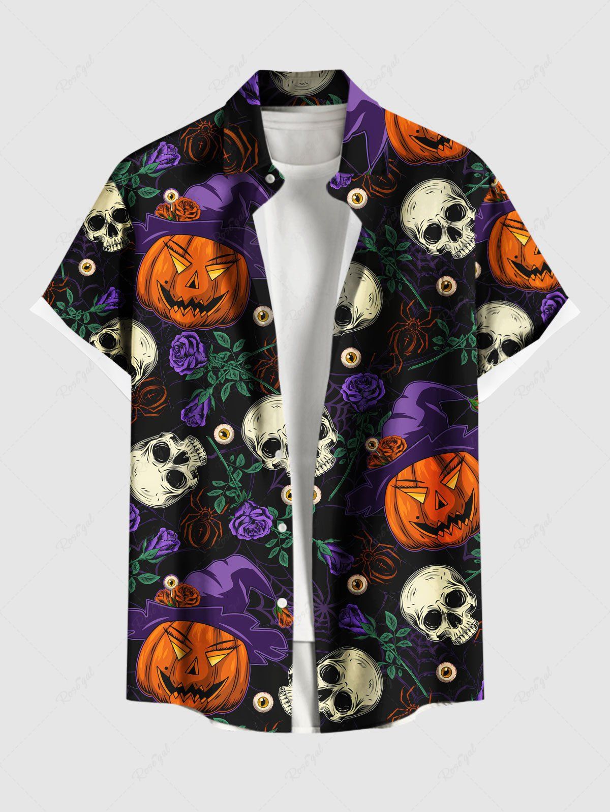 Chemise grande taille à imprimé tête de mort, citrouille, fleur, feuille, branche, Halloween, boutonnée, poche, pour homme Noir 6XL