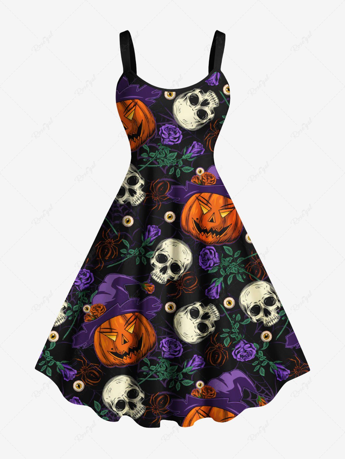 Fancy Plus Size Skull Pumpkin Flower Leaf Branch Print Halloween A Line Tank Dress  