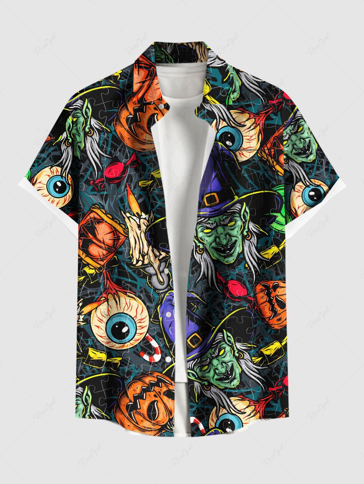 Chemise d'Halloween grande taille à imprimé citrouille et yeux de sorcier pour homme Noir 4XL