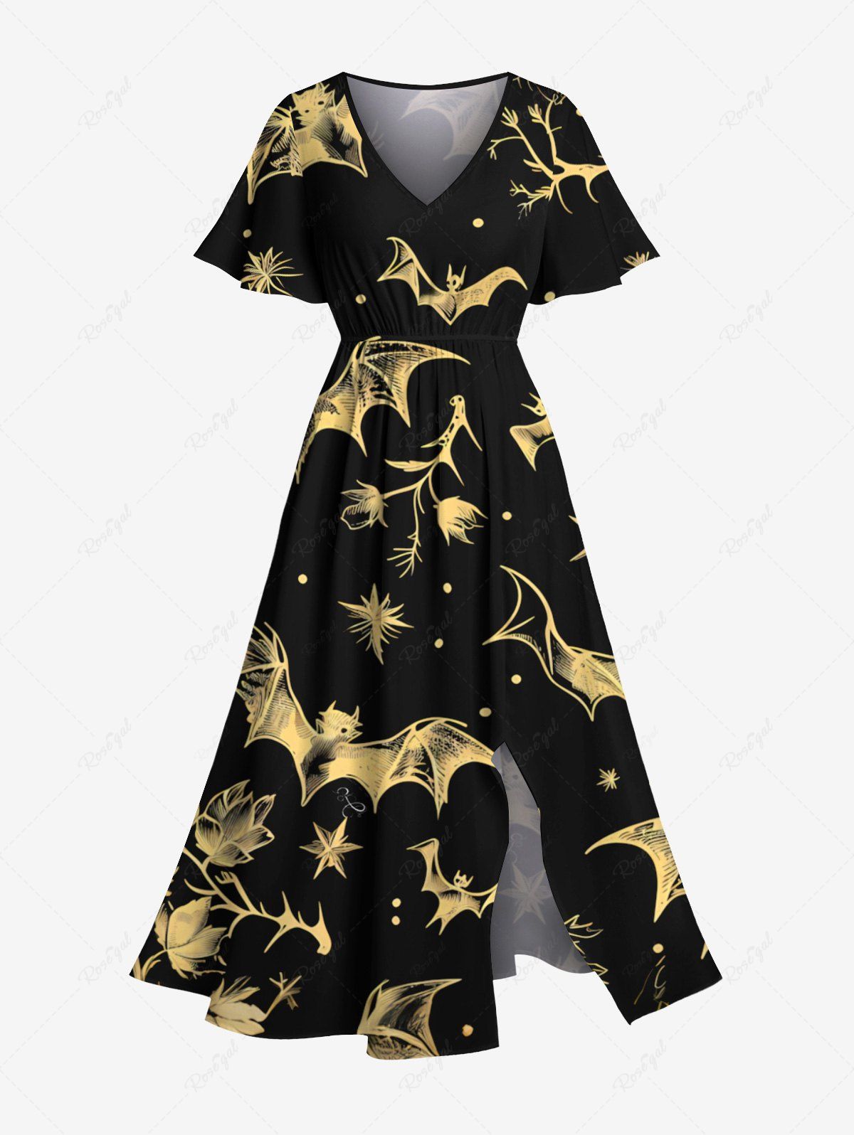 Affordable Plus Size Bat Branch Galaxy Print Halloween Split Pocket A Line Midi Dress  