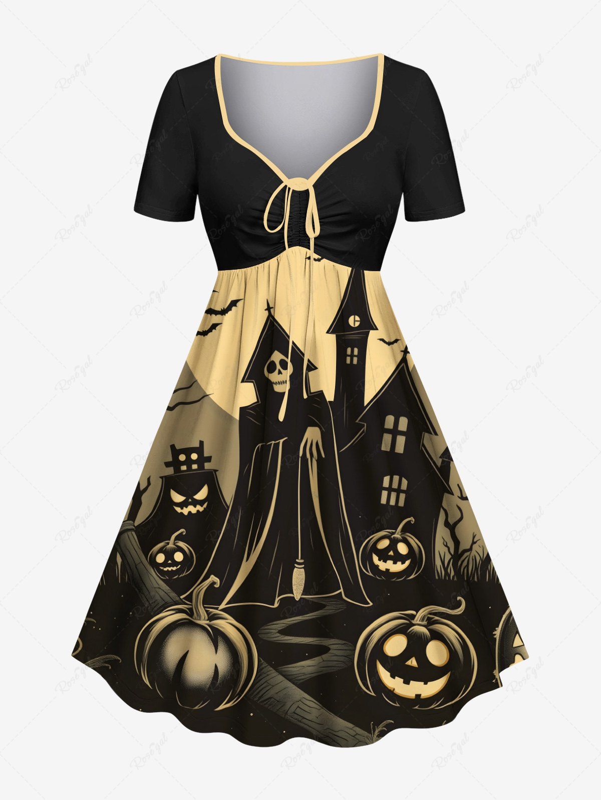Best Plus Size Pumpkin Skull Castle Bat Tree Moon Print Halloween Cinched A Line Dress  