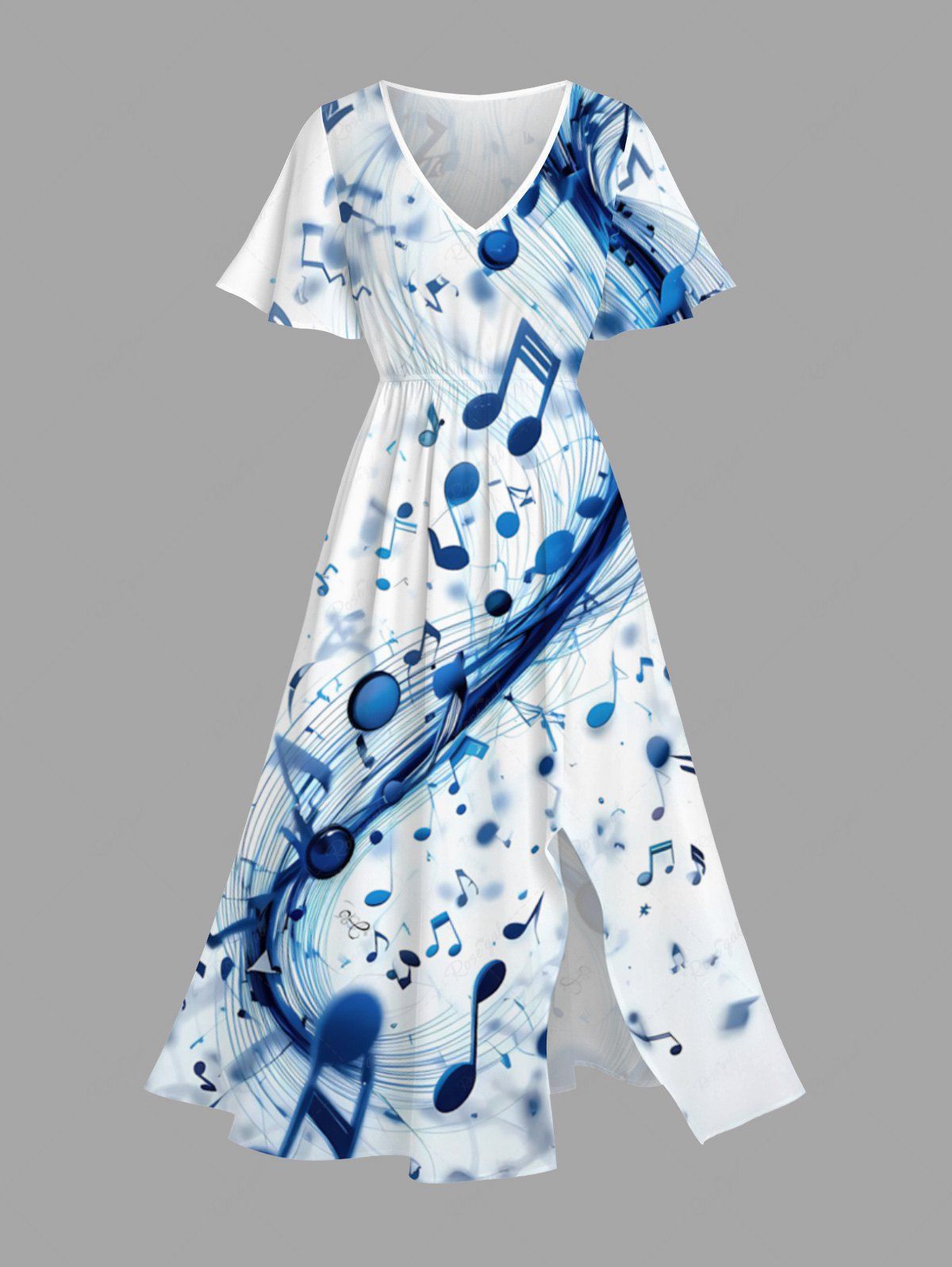 Robe mi-longue hawaïenne grande taille à imprimé symboles musicaux ombrés et poches fendues Blanc 6X