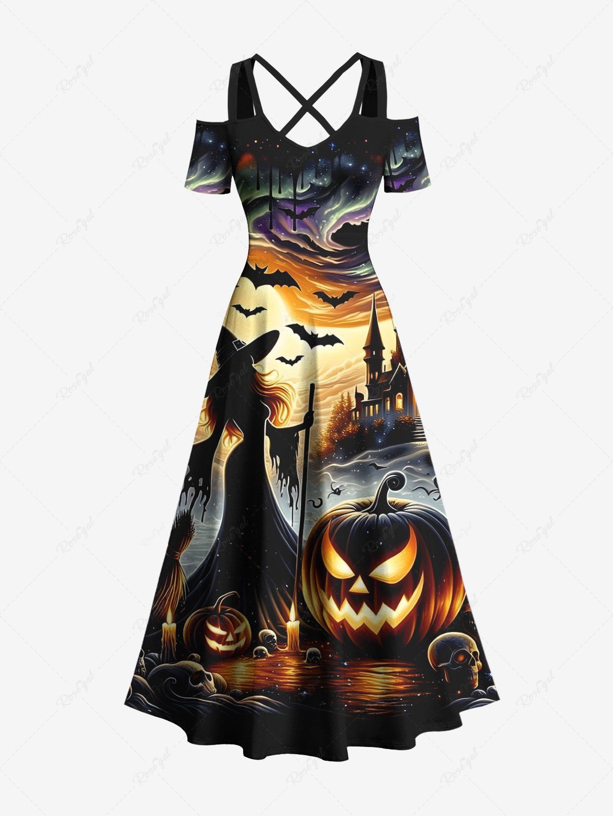Outfits Plus Size Halloween Pumpkin Bat Wizard Skulls Candles Print Cold Shoulder Crisscross Maxi Dress  