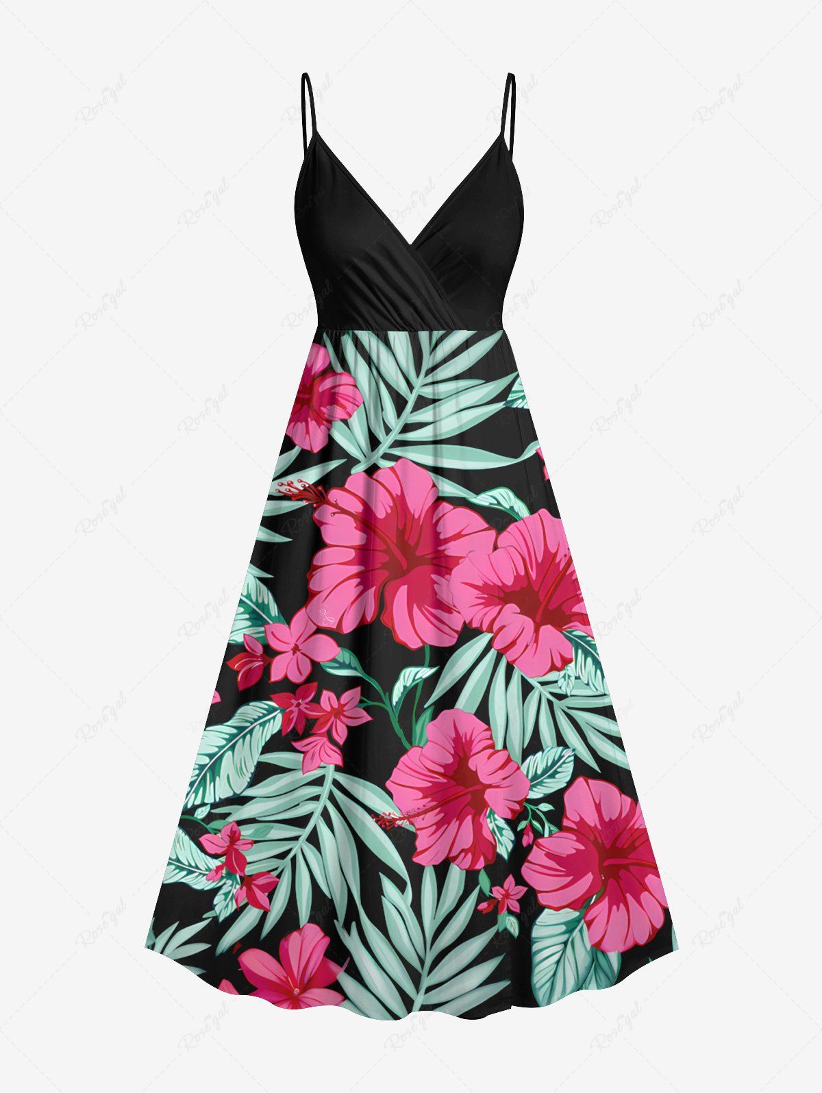 Buy Plus Size Hibiscus Flowers Tropical Leaf Print Surplice Hawaii Cami Dress  