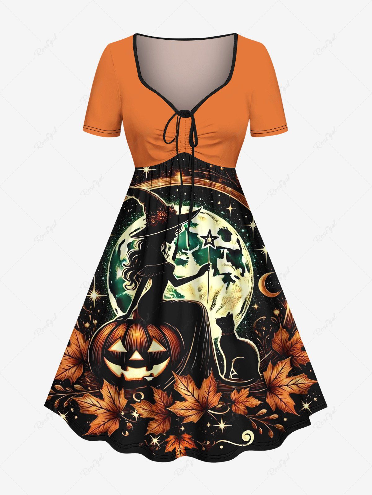 Shop Plus Size Halloween Pumpkin Wizard Cat Maple Leaf Moon Print Cinched Dress  