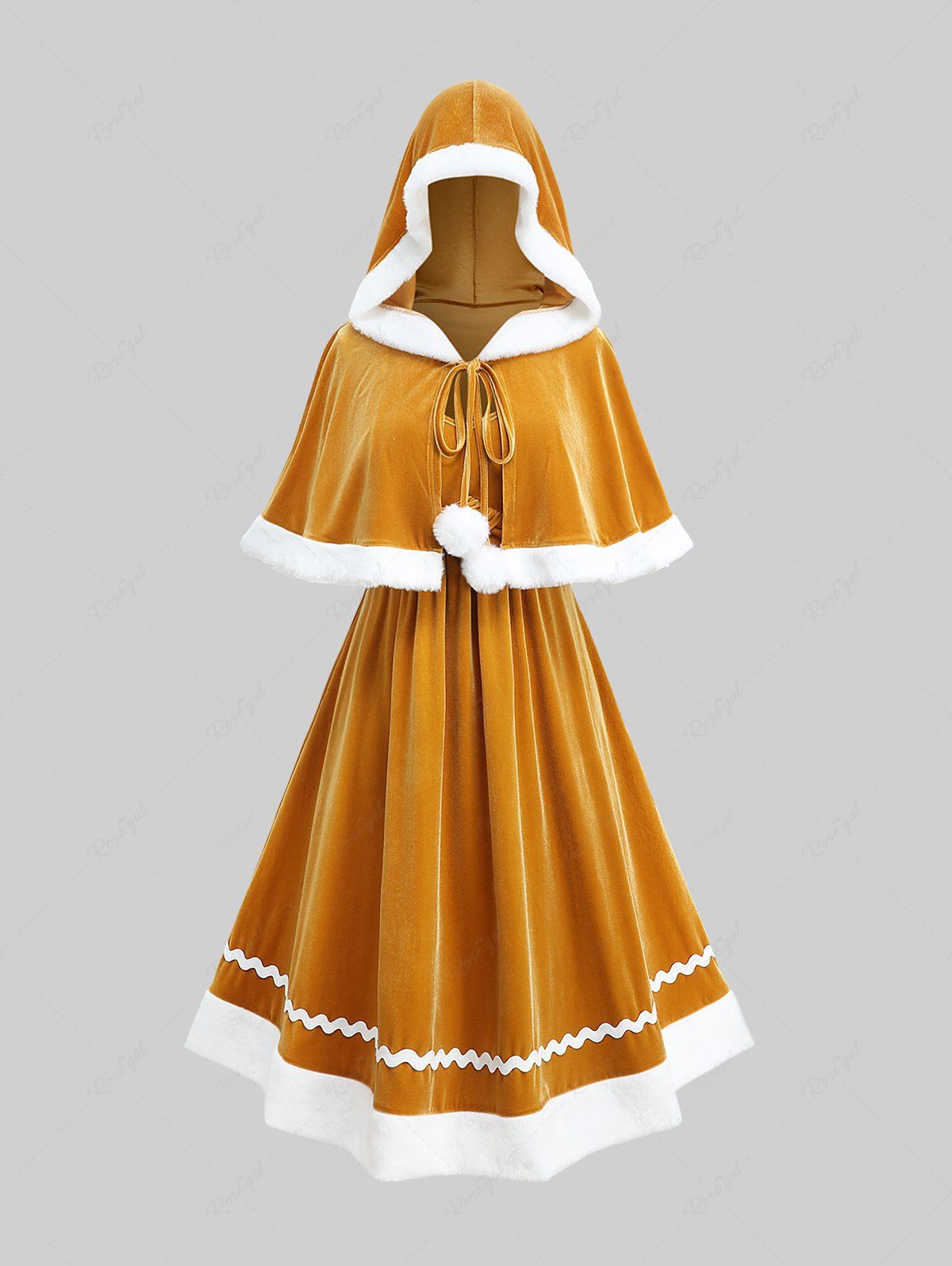 Robe camisole froncée en pain d'épices de Noël grande taille avec bordure en vague et cape à capuche en polaire Deep Yellow L | US 12