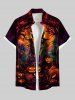 Plus Size Halloween Pumpkin Lantern Moon Tree Print Buttons Pocket Shirt For Men -  