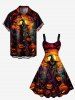 Plus Size Halloween Pumpkin Lantern Moon Tree Print Buttons Pocket Shirt For Men -  