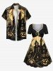 Plus Size Pumpkin Skull Castle Bat Tree Moon Print Halloween Cinched A Line Dress -  