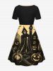 Plus Size Pumpkin Skull Castle Bat Tree Moon Print Halloween Cinched A Line Dress -  