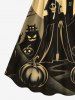 Plus Size Pumpkin Skull Castle Bat Tree Moon Print Halloween Cinched A Line Dress -  