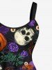 Plus Size Skull Pumpkin Flower Leaf Branch Print Halloween A Line Tank Dress -  