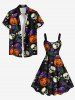 Plus Size Skull Pumpkin Flower Leaf Branch Print Halloween A Line Tank Dress -  
