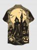 Plus Size Pumpkin Skull Castle Bat Tree Moon Print Halloween Button Pocket Shirt For Men -  