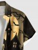Plus Size Pumpkin Skull Castle Bat Tree Moon Print Halloween Button Pocket Shirt For Men -  