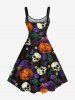 Robe trapèze grande taille à imprimé tête de mort, citrouille, fleur, feuille, branche, Halloween - Noir 6X