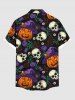 Chemise grande taille à imprimé tête de mort, citrouille, fleur, feuille, branche, Halloween, boutonnée, poche, pour homme - Noir 3XL