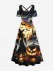Plus Size Halloween Pumpkin Bat Wizard Skulls Candles Print Cold Shoulder Crisscross Maxi Dress -  