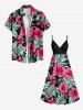 Plus Size Hibiscus Flowers Tropical Leaf Print Surplice Hawaii Cami Dress -  