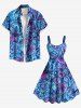 Robe débardeur hawaïenne grande taille à imprimé fleurs d'hibiscus, feuilles et escargots - Bleu Ciel 1X