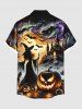 Plus Size Halloween Pumpkin Bat Wizard Skulls Candles Print Buttons Pocket Shirt For Men -  