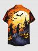 Plus Size Halloween Moon Pumpkin Bat Print Buttons Pocket Shirt For Men -  