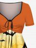 Plus Size Halloween Moon Pumpkin Bat Print Cinched Dress -  