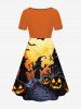 Plus Size Halloween Moon Pumpkin Bat Print Cinched Dress -  