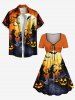 Plus Size Halloween Moon Pumpkin Bat Print Cinched Dress -  
