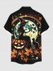 Plus Size Halloween Pumpkin Wizard Cat Maple Leaf Moon Print Buttons Pocket Shirt For Men -  