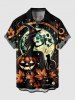 Plus Size Halloween Pumpkin Wizard Cat Maple Leaf Moon Print Buttons Pocket Shirt For Men -  