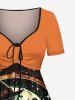 Plus Size Halloween Pumpkin Wizard Cat Maple Leaf Moon Print Cinched Dress -  