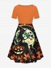 Plus Size Halloween Pumpkin Wizard Cat Maple Leaf Moon Print Cinched Dress -  